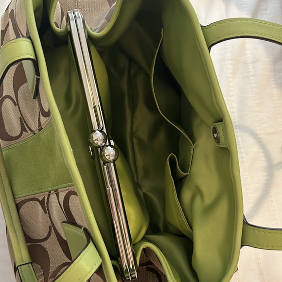 COACH signature beige fabric and lime green stripe bag, EUC - Picture 10 of 16